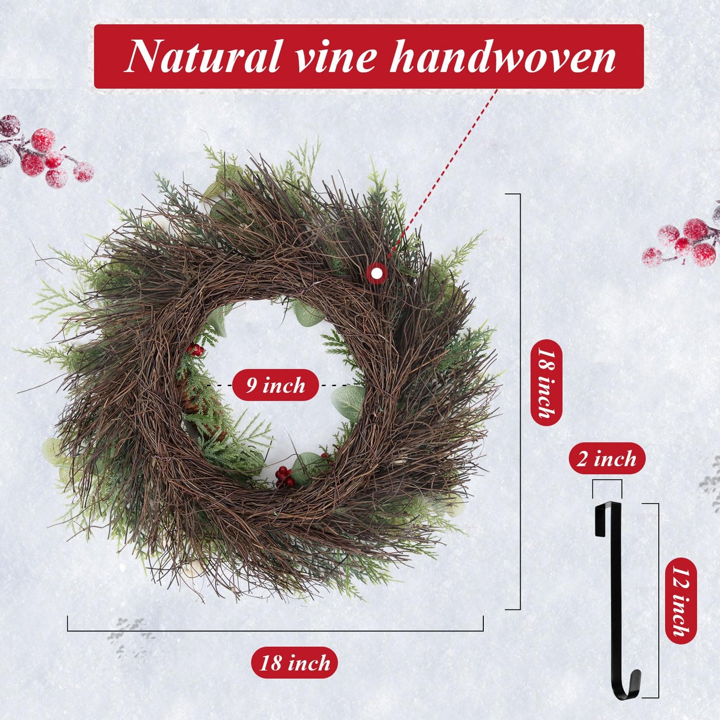 Christmas Wreath, Xmas Door Wreath with Hanger, Christmas Decor Winter Wreath with Red White Berry Pine Cone Eucalyptus, Artificial Wreath Decorations for Indoor Outdoor Use, 18 Inch