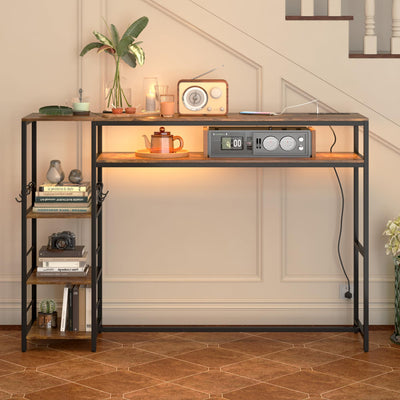 dnbss 60'' Entryway Table with Storage and Outlet, LED Console Table with 3 Shelves, Narrow Long Sofa Table for Living Room, Behind Couch, Hallway, Foyer, Kitchen Counter (Brown)
