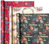 WRAPAHOLIC Christmas Wrapping Paper Roll - Mini Roll - 3 Rolls - 17 Inch x 120 Inch Per Roll - Bird, Christmas Garland, Holly and Pinecones Holiday Design with Metallic Foil Shine WRAPAHOLIC
