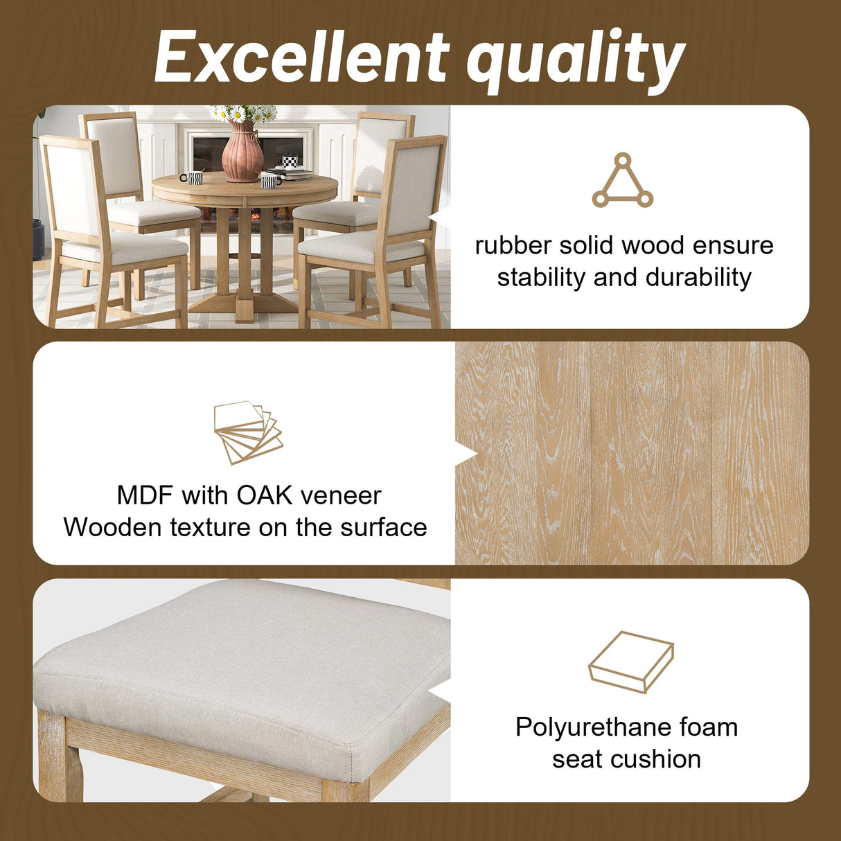 Quarte 5-Piece Farmhouse Round Dining Table Set with Extendable Round Table and 4 Upholstered Chairs, Compact Table Set for Small Kitchen Room (Natural Wood Wash/Adjustable) Quarte