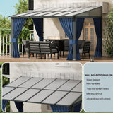 ASJMR Outdoor Lean to Gazebo 10x28FT, Hardtop Wall Mounted Gazebo with Sloping Sun Panel Roof, Awnings for Patio with Metal Frame, Double Curtains for Garden, Lawn, Backyard Deck ASJMR