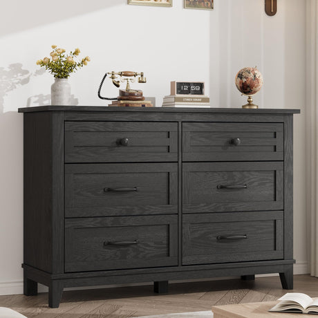 GarveeHome 6 Dresser for Bedroom, 47 in Wide Drawer Dresser with Storage Freestanding, Wooden Closet Storage Chest for Living Room, Bedroom, Entryway, Black GarveeHome