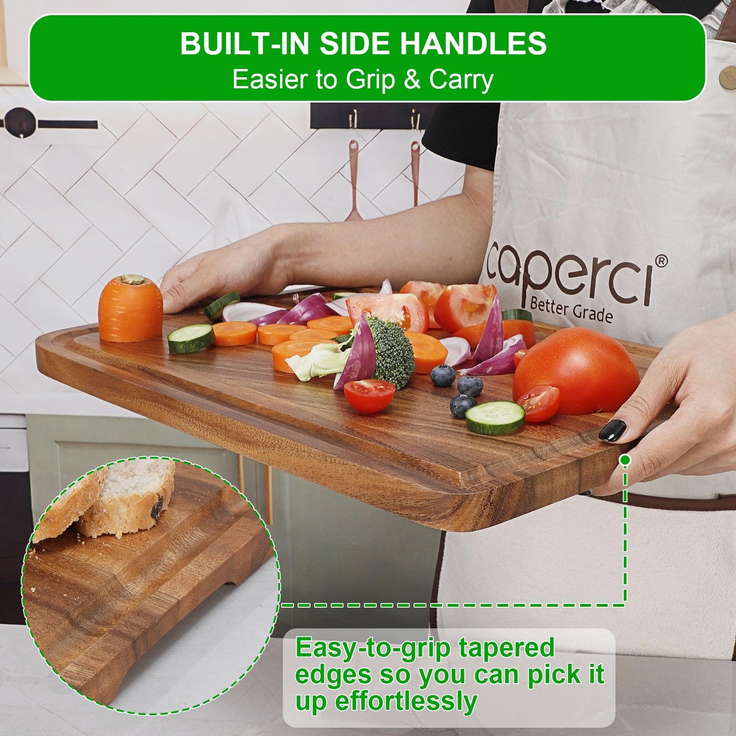 Acacia Wood Cutting Board for Kitchen - Caperci Organic Wooden Chopping Serving Board with Deep Juice Groove for Meat (Butcher Block) Veggies, Fruit and Cheese, 17 x 12"