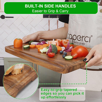 Acacia Wood Cutting Board for Kitchen - Caperci Organic Wooden Chopping Serving Board with Deep Juice Groove for Meat (Butcher Block) Veggies, Fruit and Cheese, 17 x 12"