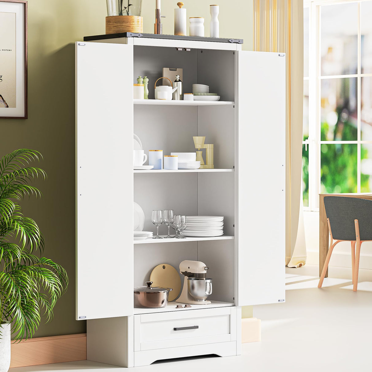 72" Tall Farmhouse Kitchen Pantry with Drawer and 4 Shelves, Large Wood Kitchen Storage Cabinets with 2 Barn Doors & Drawer, Versatile Storage for Dining Room, Bathroom, Antique White Brelley