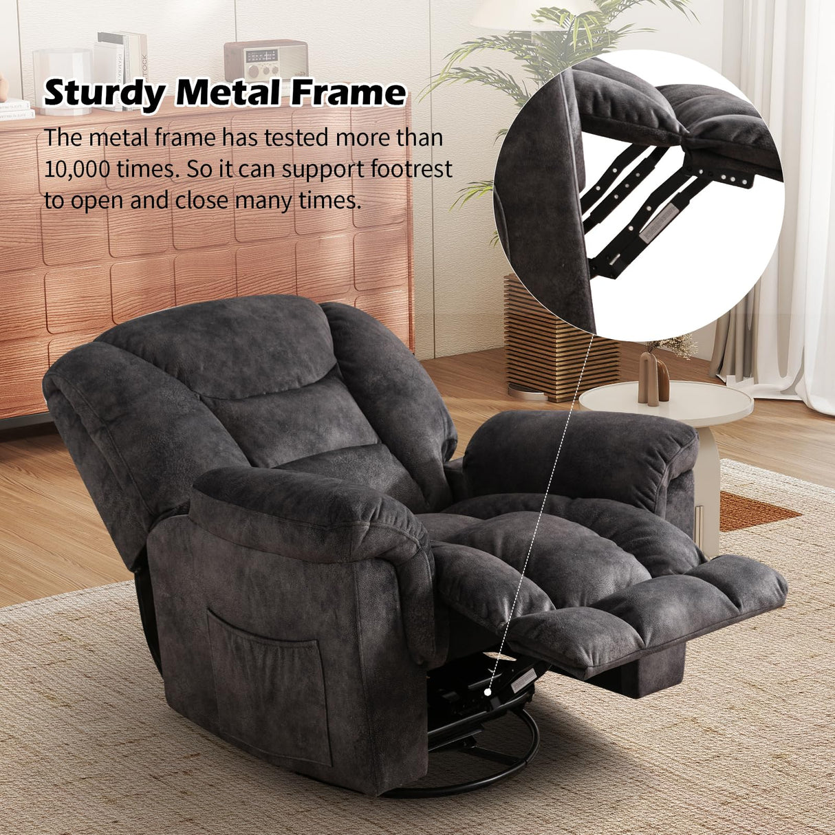 CANMOV Swivel Rocker Recliner, Manual Nursing Recliner with Hidden Switch, Upholstered Plush Seating 360°Swivel Glider Rocking Chair, Comfy Swivel Chair for Living Room, Black CANMOV