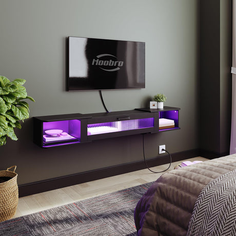 HOOBRO Floating TV Stand with LED Light Power Outlet for TVs up to 65”, Wall Mounted TV Shelf, Modern Media Console Entertainment Center Under TV, for Living Room Bedroom, Black BK34UDDS01G1 HOOBRO