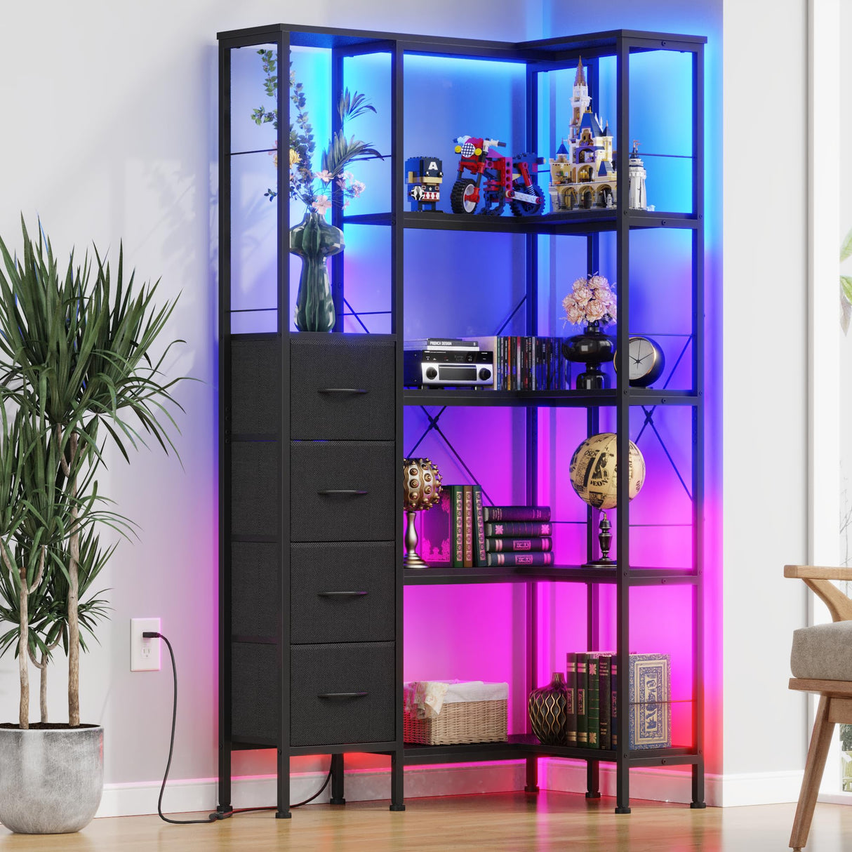 AFLUI Corner Bookshelf with LED Light Strips & 4 Fabric Drawers, 5-Tier Convertible Corner Shelf with Display Shelf, Large Wood Industrial Bookcase for Living Room, Bedroom, Home Office, Black AFLUI
