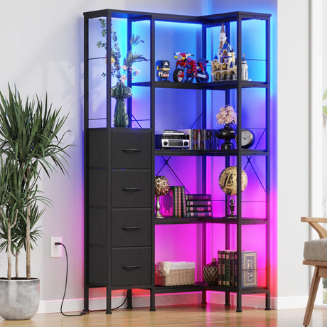 AFLUI Corner Bookshelf with LED Light Strips & 4 Fabric Drawers, 5-Tier Convertible Corner Shelf with Display Shelf, Large Wood Industrial Bookcase for Living Room, Bedroom, Home Office, Black AFLUI