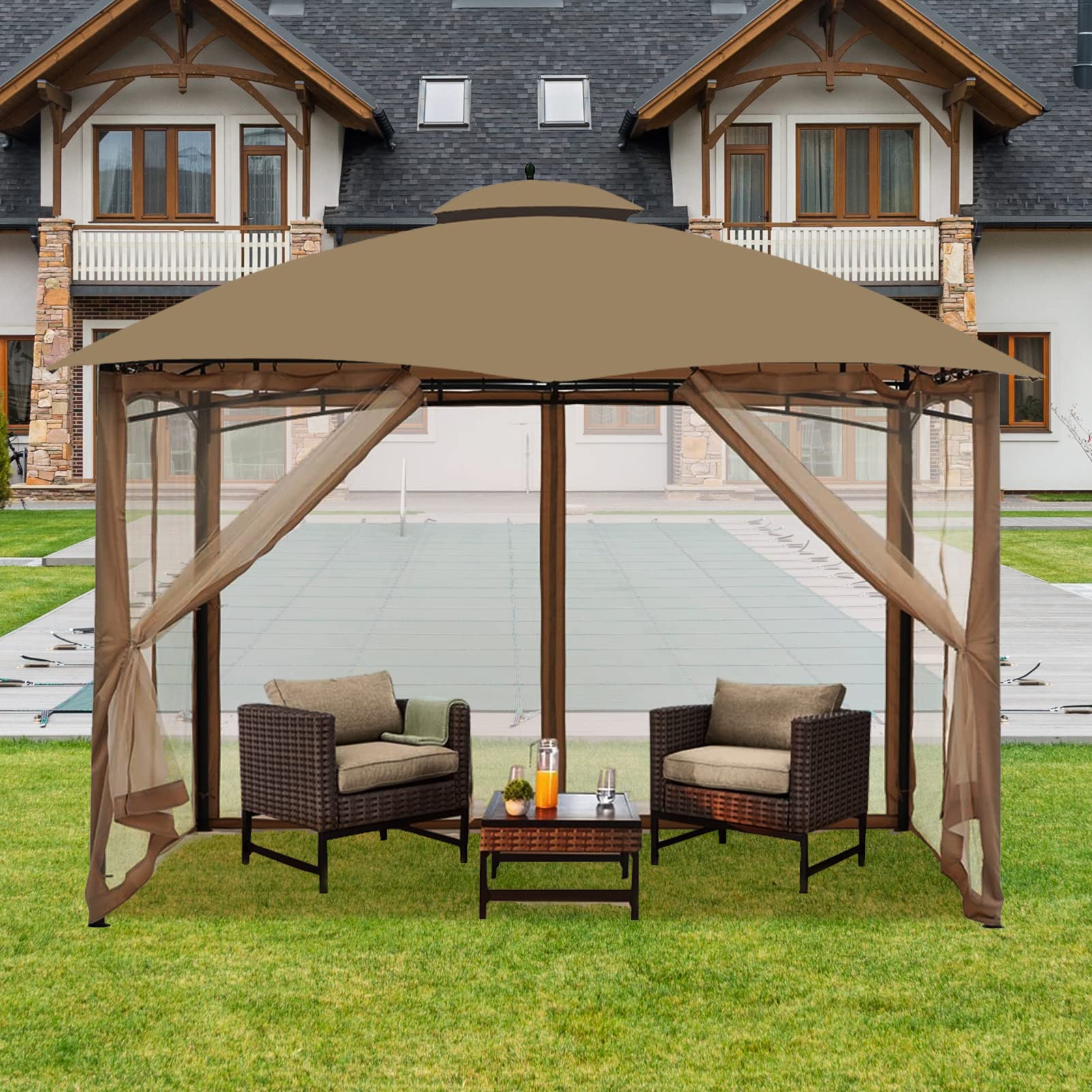 Gazebo Universal Replacement Mosquito Netting – Hugline 10' x 10' Outdoor Mesh Netting Screen 4-Panel Sidewall Curtain with Zipper (Khaki) - WoodArtSupply