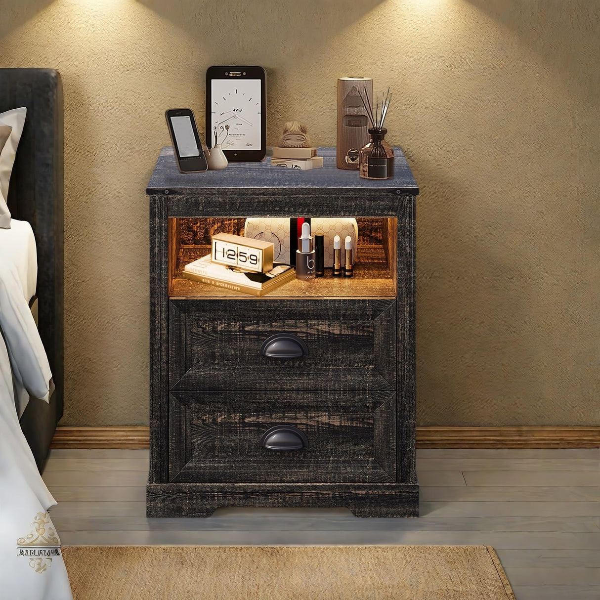 FONTOI Farmhouse Nightstand, End Table with Drawers & Charging Station, Bedside Table with 3 LED Lights Modes, Wood Nightstand with Smart Human Sensor for Bedroom, Brown, Set of 2 FONTOI