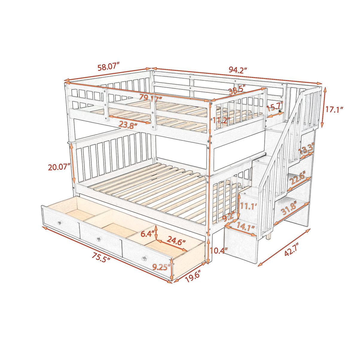 Harper & Bright Designs Full Over Full Bunk Bed with Storage, Solid Wood Full Bunk Bed Frame with Stairs and Drawers, for Kids Teens Adults (Gray) Harper & Bright Designs