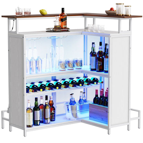 YITAHOME L Shaped Mini Home Bar Unit for Living Room with Music Sensing LED Light, Tall Bars Furniture Table with Wine Rack Alcohol Storage Glasses Hanger Footrest for Kitchen Pub White YITAHOME
