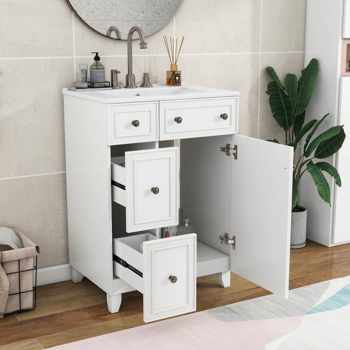 Harper & Bright Designs 24" Bathroom Vanity with Sink, Free Standing Single Basin Vanity Set with Two Drawers and One Door, Modern Wooden Bathroom Cabinet with Ceramic Basin for Bathroom, White Harper & Bright Designs