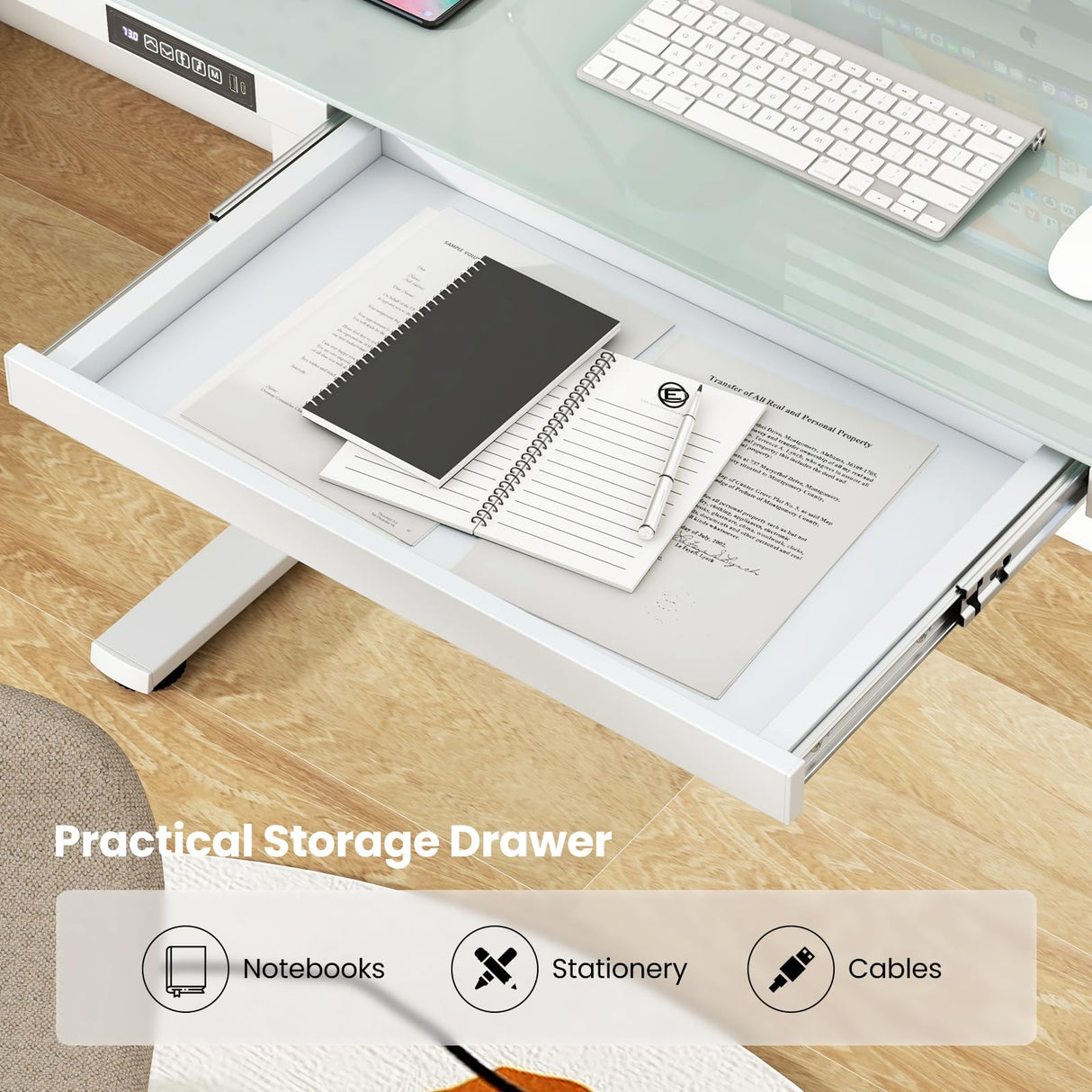 Tangkula Glass Standing Desk with Drawer, 48” x 24” Height Adjustable Electric Stand Up Desk with Tempered Glass Top, Sit Stand Desk with Memory Positions & USB Type-C Outlets for Home Office (White) Tangkula