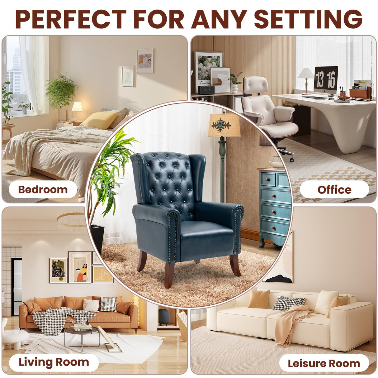 LOVSPATIO PU Leather Accent Chair Set of 2, Modern Upholstered Living Room Chair Sofa Chair with Wooden Legs, Wingback Armchair Club Chair for Bedroom,Study Room, Lounge (Dark Blue) LOVSPATIO