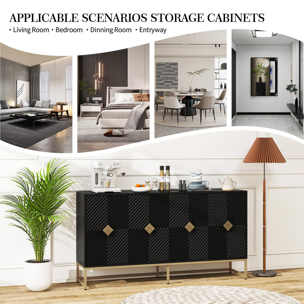 YHAOWORKS Sideboard Buffet Cabinet with Storage - Accent Storage Cabinet with Doors, Wood 4 Doors Cabinet with Metal Legs, 60" Buffets & Sideboards, Modern Credenza for Living Room (Black) YHAOWORKS