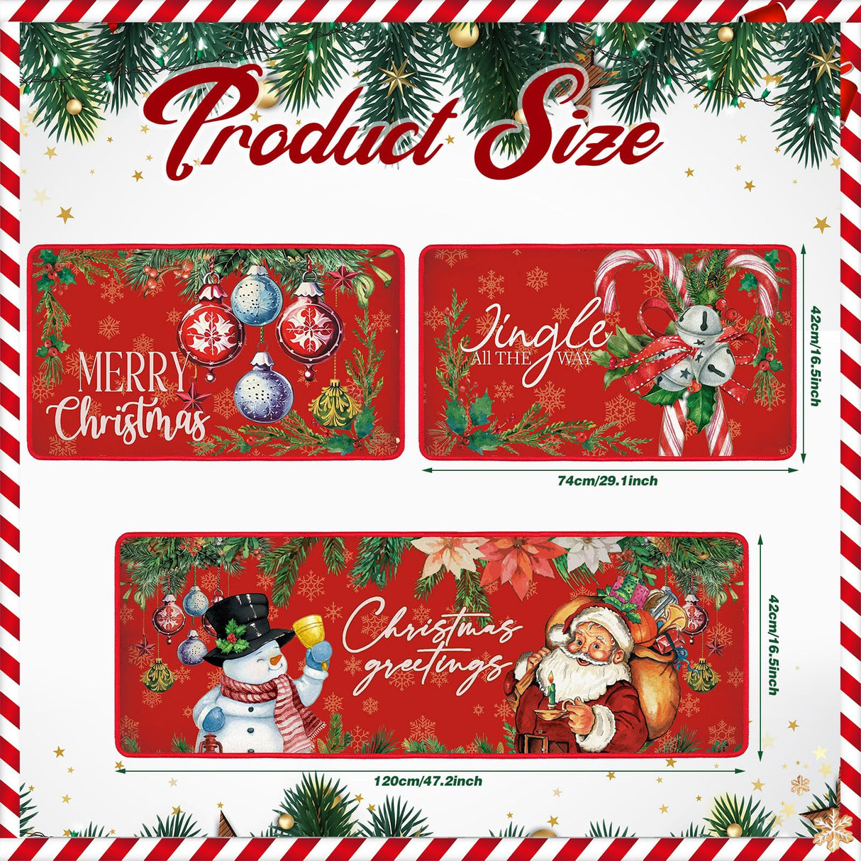 Drydiet 3 Pcs Christmas Kitchen Rugs and Mats Set Xmas Winter Farmhouse Non Slip Rugs Christmas Snowman Candy Holly Berries Floor Mats for Kitchen Home Hallway Holiday Decor, 17 x 29 and 17 x 47 Inch Drydiet