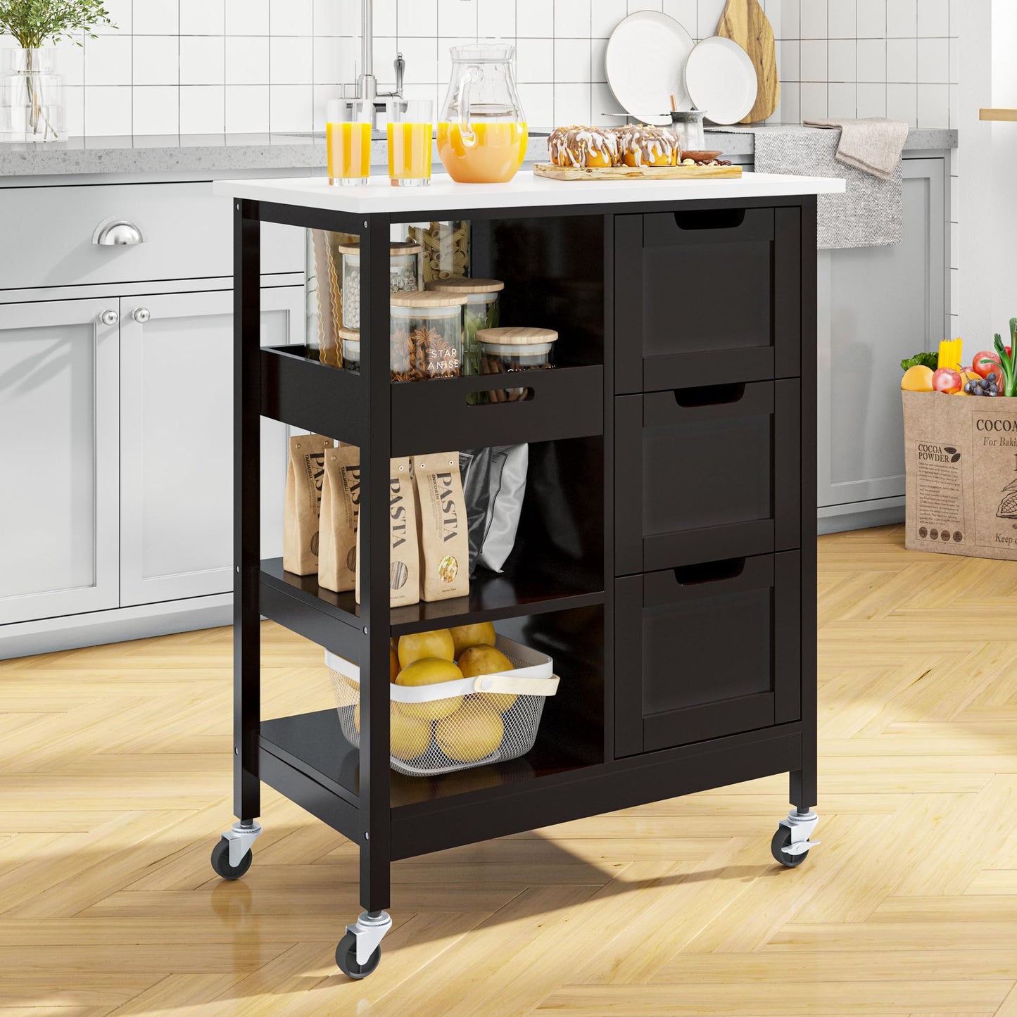 YITAHOME Small Solid Wood Top Kitchen Island Cart on Wheels with Storage, Rolling Portable Dining Room Serving Utility Carts Mobile Movable with 3