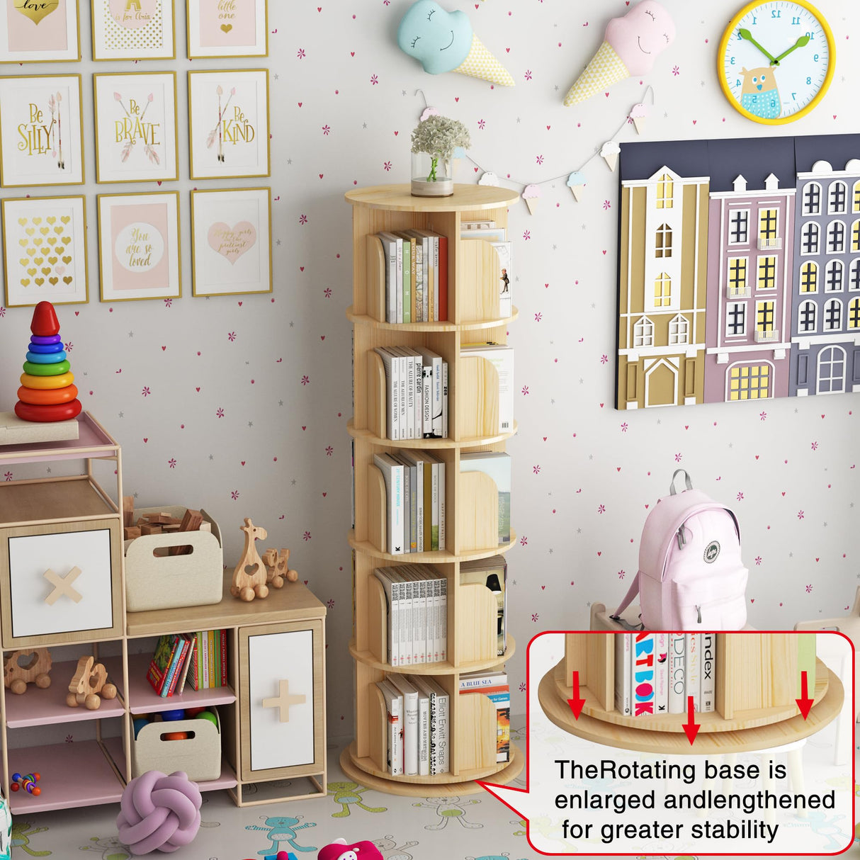 Rotating 360° Bookshelf in Yellow - 5-Tier Solid Wood Corner Organizer for Small Spaces hhgrapehh