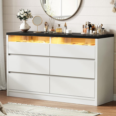 Jocoevol Modern LED 6 Drawer Dresser for Bedroom, White Large Chest of Drawers with Hidden Handles, Long Double Wooden Dresser Closet for Living Room, Entryway, Hallway - White Jocoevol