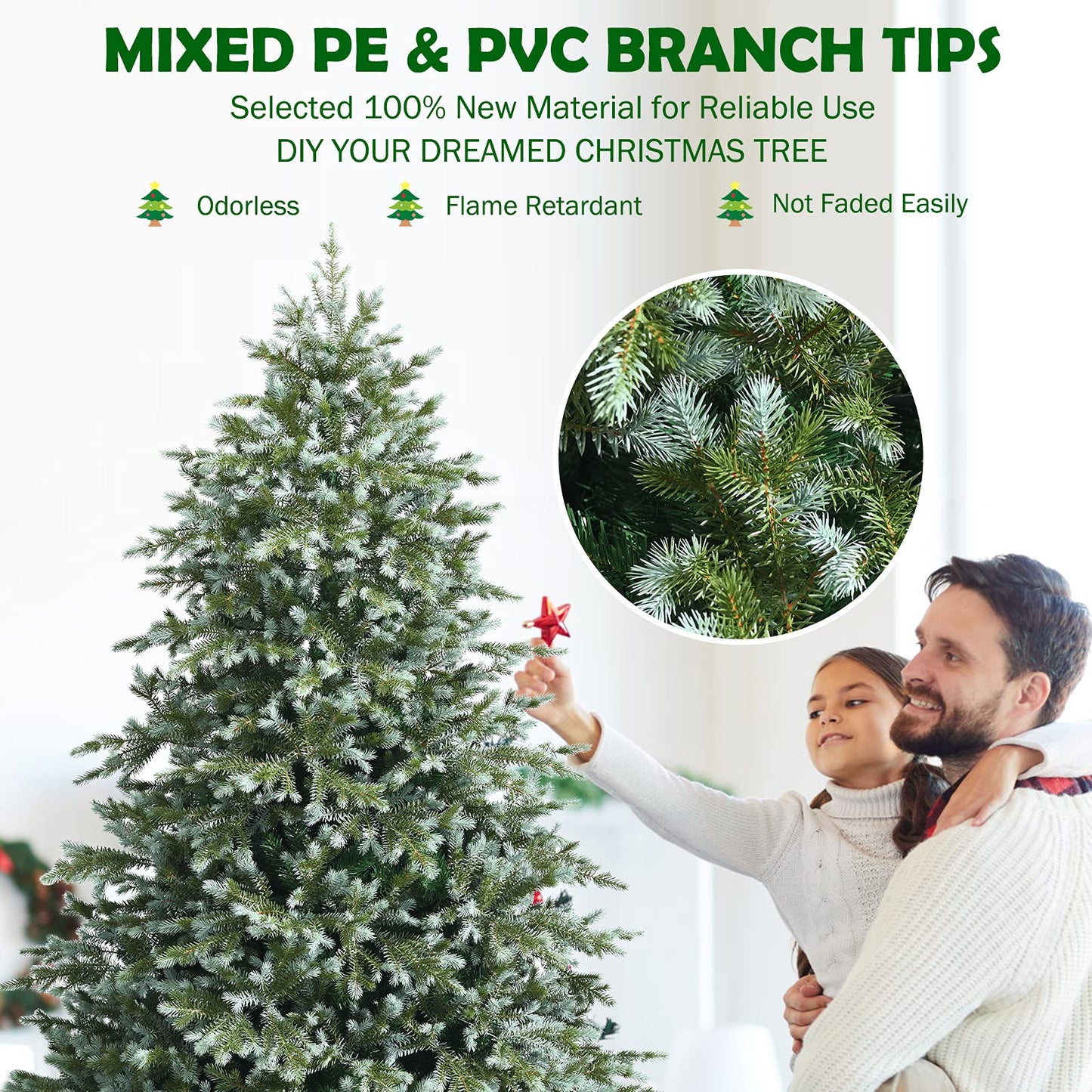 Goplus 7ft Artificial Christmas Tree, Feel Real Unlit Hinged Xmas Spruce Tree w/ 1260 Mixed PE & PVC Branch Tips, Metal Stand, Wintry Indoor Decoration for Holiday Festival