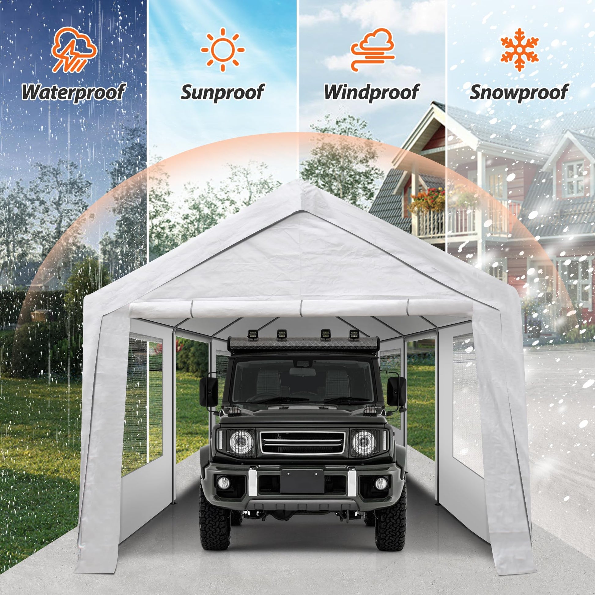 QZEN Carport 10x20ft Portable Garage, Heavy Duty Car Canopy with Roll-up Ventilated Windows & Side Doors, Car Port for SUV, F150, Car, Truck, Boat (10' x 20'White) - WoodArtSupply