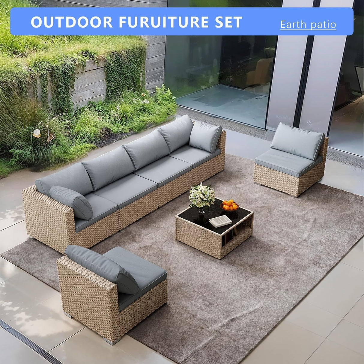 7-Piece Patio Furniture Set, Outdoor Wicker Conversation Set Sectional Sofa with Waterproof Thick Cushions and Coffee Table, Grey Earth patio