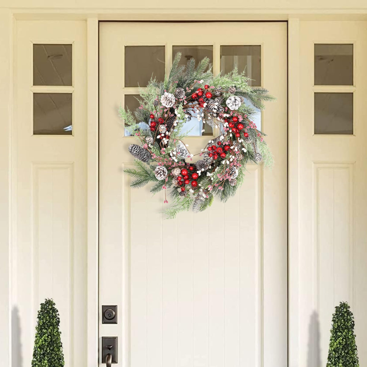 Christmas Wreath for Front Door, 24 inch Winter Wreaths with Natural Pine Cones, Red Berries,Spruce Branches,Xmas Indoor Outdoor Holiday Party Thanksgiving Decorations jobflower