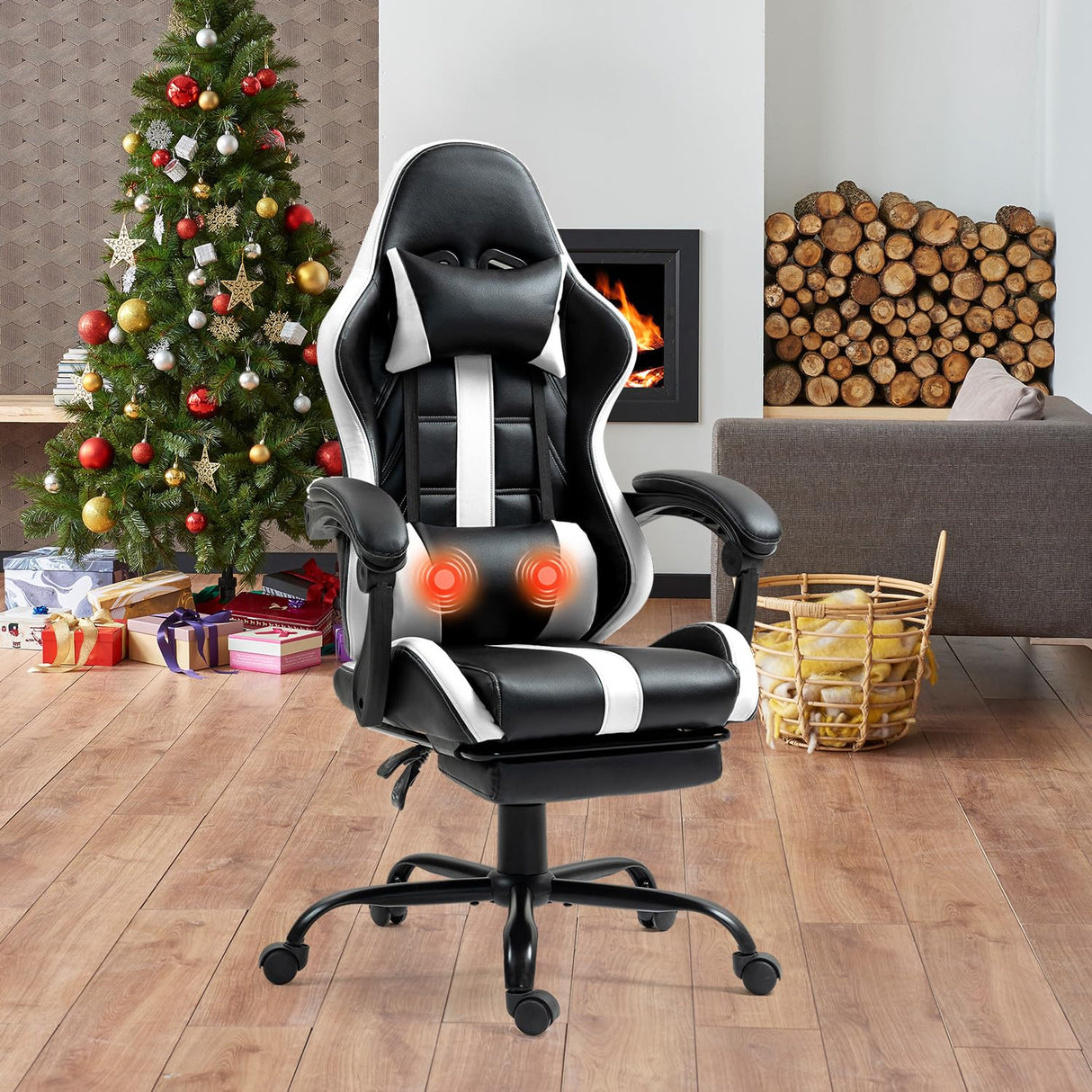 HOMHUM Massage Gaming Chair with Footrest, Ergonomic PU Leather Computer Chair w/Headrest and Lumbar, Height Adjustable, 360° Swivel Desk Office Chair, White HOMHUM