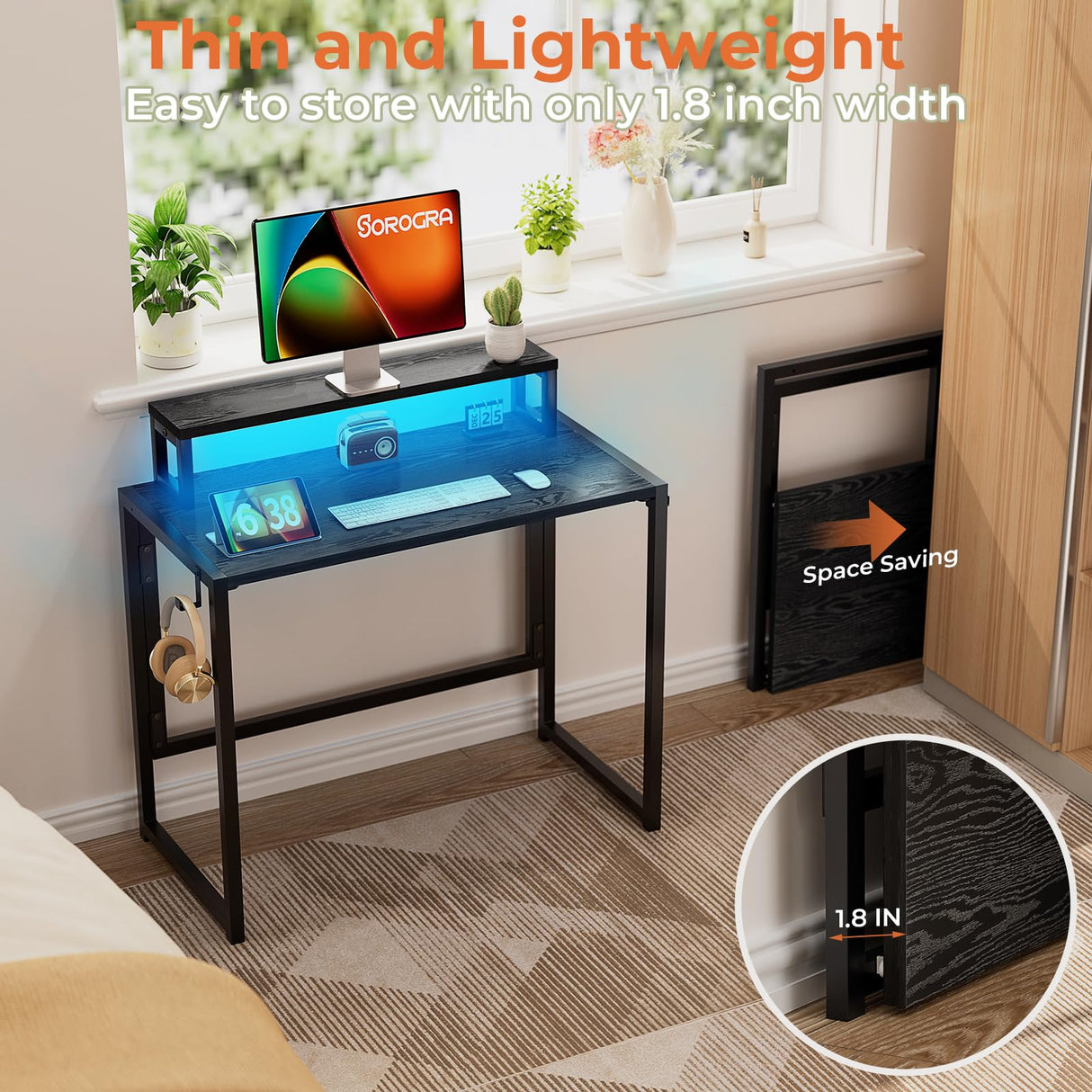 SOROGRA Small Folding Desk 31.5 Inch, Foldable Computer Desks with LED Lights and Monitor Stand, Work Portable Table for Bedroom Home Office, Black SOROGRA