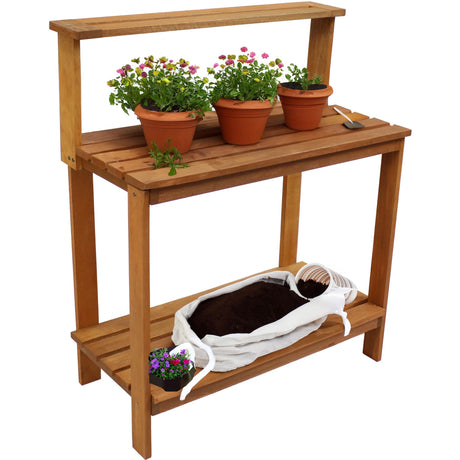 Sunnydaze 42-Inch Meranti Wood Outdoor Potting Bench with Storage Shelf - Teak Oil Finish Sunnydaze