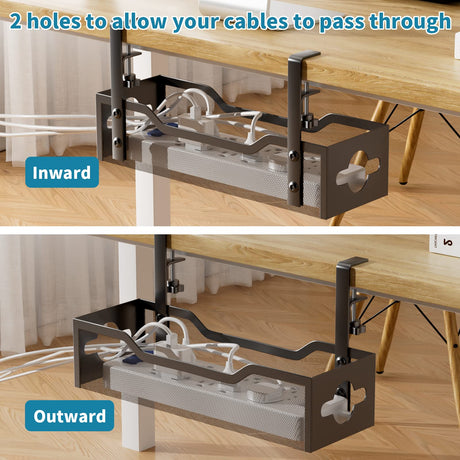 Under Desk Cable Management Tray No Drill, Metal Mesh Cable Management Under Desk with Clamp Mount, 2 Hole Cable Tray with Wire Management and Cord Organizer for Home Office Standing Desk Litwaro