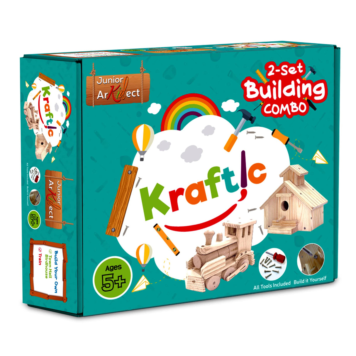 Kraftic Woodworking Building Kit for Kids and Adults, 2 Educational DIY Carpentry Construction Wood Model Kit Toy Projects for Boys and Girls - Build a Wooden Town Hall Birdhouse and Train Kraftic