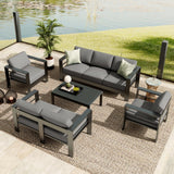 Aluminum Patio Furniture Set 7 Seats, 5 PCS Outdoor Sectional Conversation Set with 4" Wide Armrest, Backyard Sectional Sofa Set with Coffee Table & Thick Cushions, Grey GAOMON