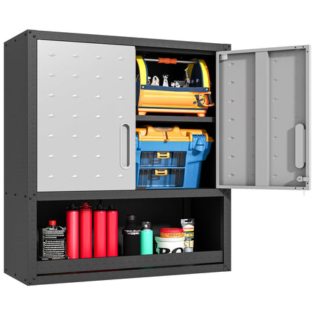 BIZOEIRON Metal Cabinets with Doors and Shelves Black and Gray Garage Cabinets Wall Mounted Adjustable Storage Shelving Floating Garage Tool Cabinet,Wall Cabinet for Warehouse/Basement/Kitchen BIZOEIRON