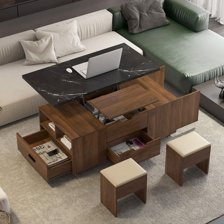 KEIKI Expandable Desktop Lift Top Nesting Coffee Table with 2 Stools, 1 Hidden Storage Space & Drawers, Wood Modern Rectangular Center Table for Living Room Furniture, Black & Walnut KEIKI