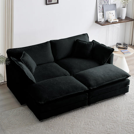 76.7" Deep Seat Sectional Cloud Sofa with 2 Ottomans & Soft Pillows, Loveseat Modular Couch for Living Room, Apartment, Small Space, Black Chenille Tmsan
