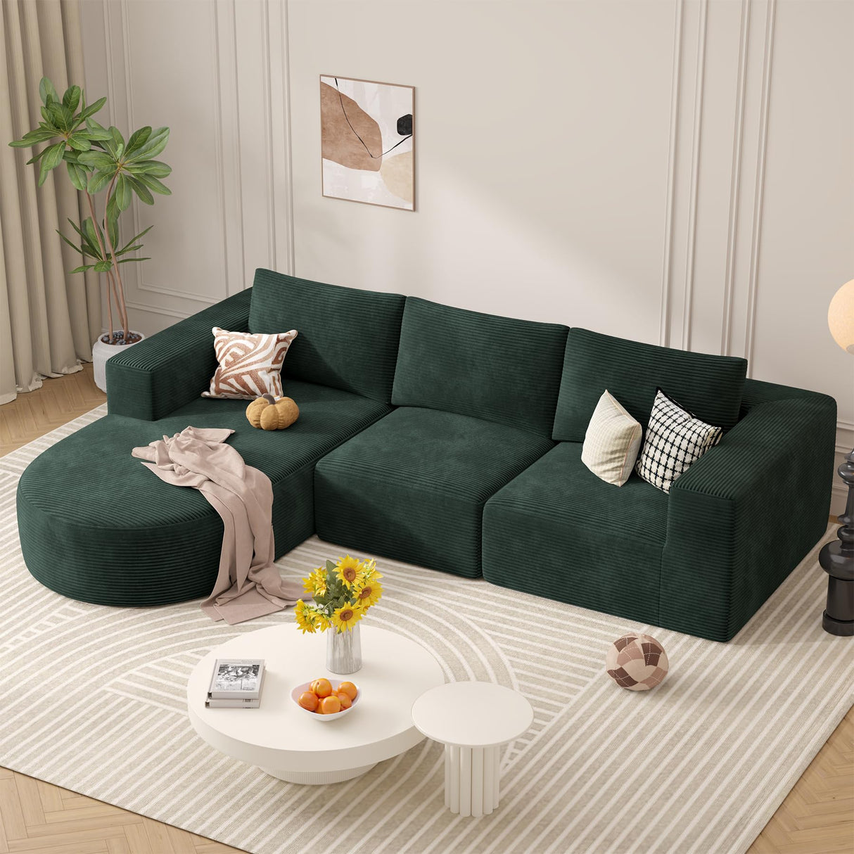 Modular Sectional Sofa with L-Shape Chaise,Cloud Sectional Modern Sleeper Couch with Deep Seat,Sponge Compression Sofas No Assembly Required (Green-Corduroy Fabric) 1PCS Luxanimarion