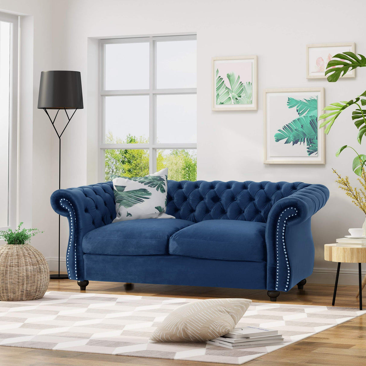 Merax 61" Retro Chesterfield Loveseat Sofa with Button Tufted and Rolled Arm, Small Comfy Cloud Couch Sofas, Love Seat for Bedroom, Office, Living Room & Apartment, Easy Assembly Furniture, Blue Merax