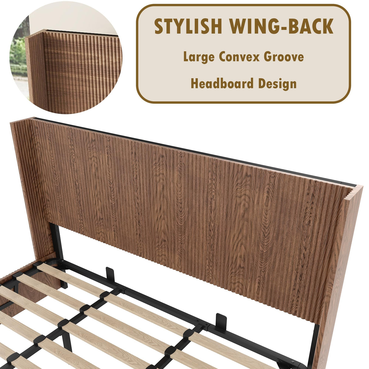 Lift Up Storage Bed King Size, King Bed Frame with Headboard and Lift Storage System, Wood Headboard with Wing-Back and Convex Groove Board Design Bellemave