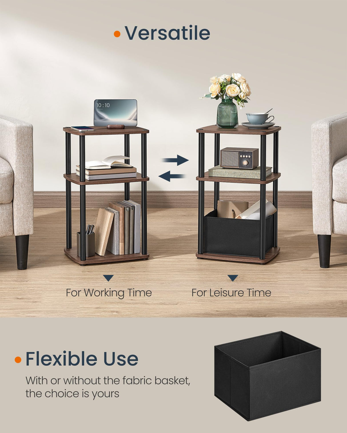 SONGMICS HOME Side Table, 3-Tier Nightstand with Storage, End Table with Fabric Basket, for Bedroom, Living Room, Steel Frame, Superfast Toolless Assembly, Modern, Ebony Walnut ULET286K01 SONGMICS HOME