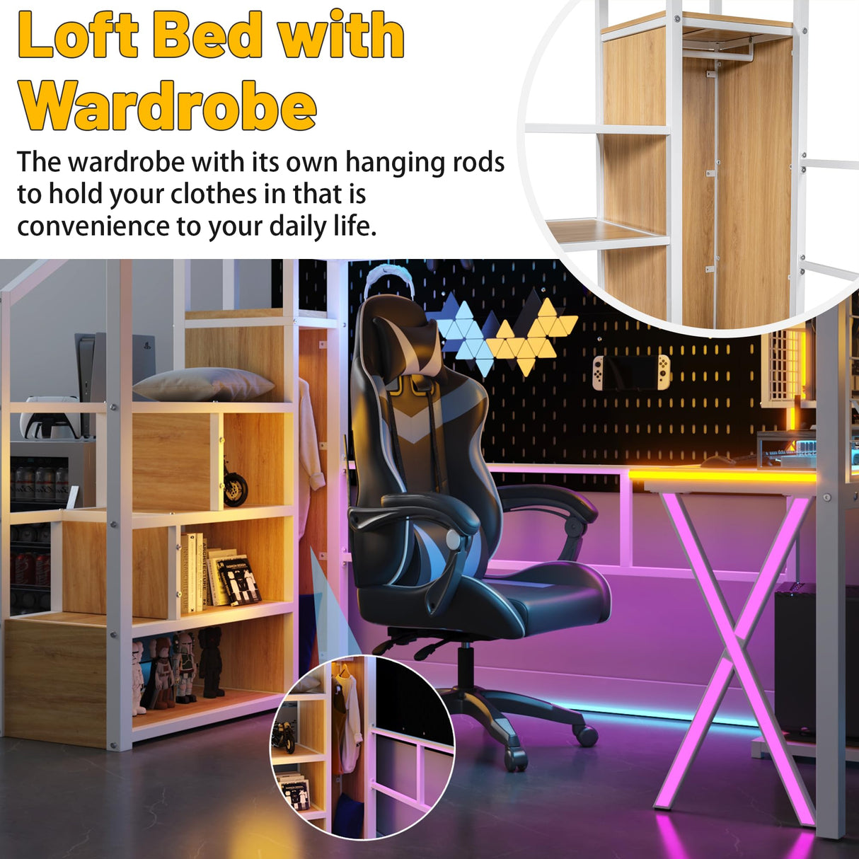 MoproBeti Twin Size Loft Bed with Desk and Storage Stairs,Metal Gaming Twin Loft Bed with LED Lighting, High Loft Bed with Wardrobe and Shelves for Boys,Girls,Teens, Adults,White MoproBeti