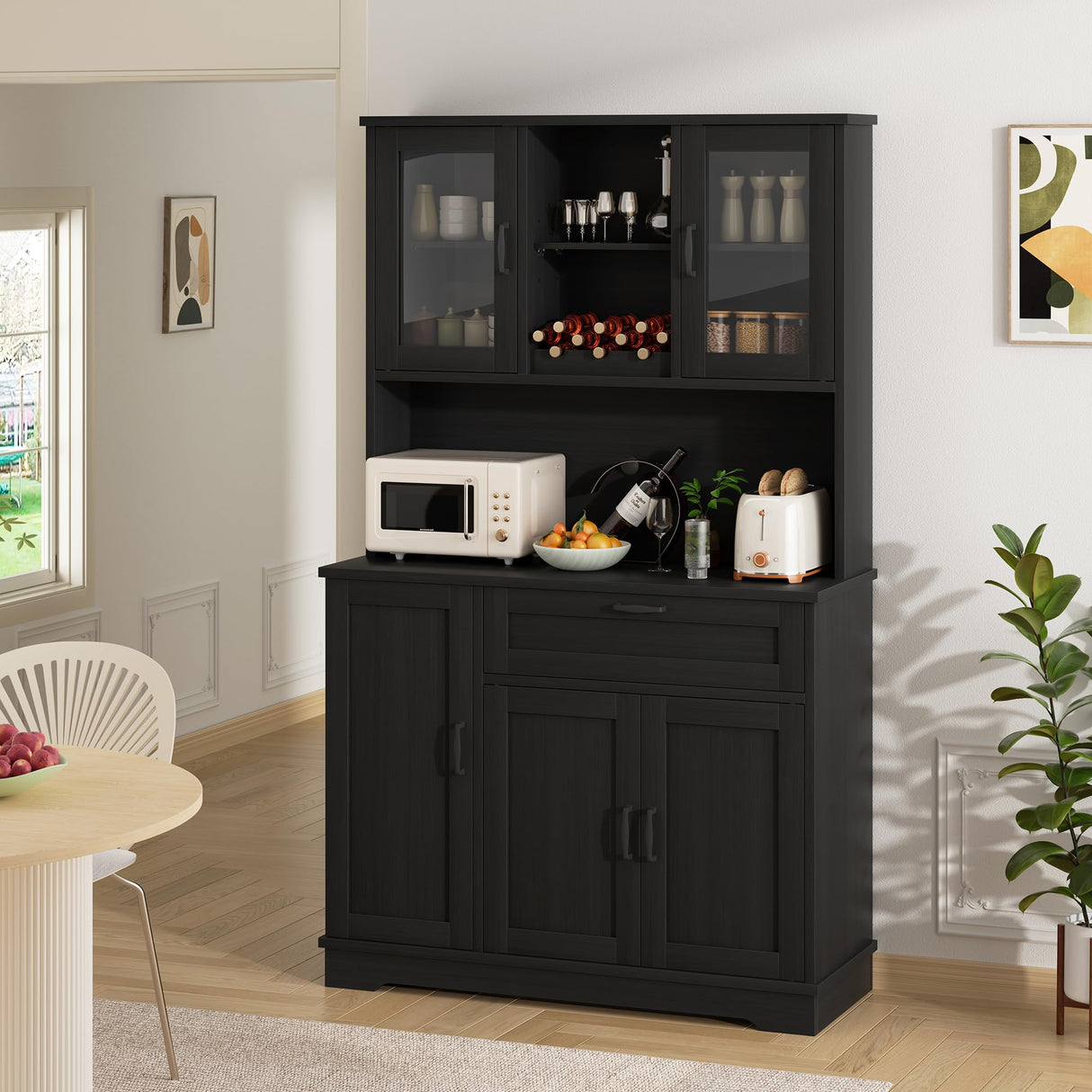 Shintenchi Kitchen Pantry Storage Cabinet, Freestanding Buffet Cabinet with Microwave Stand & 4 Door Shelves, Kitchen Hutch with Doors, Adjustable Shelves and Wine Rack, Black Shintenchi
