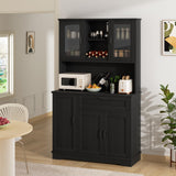 Shintenchi Kitchen Pantry Storage Cabinet, Freestanding Buffet Cabinet with Microwave Stand & 4 Door Shelves, Kitchen Hutch with Doors, Adjustable Shelves and Wine Rack, Black Shintenchi