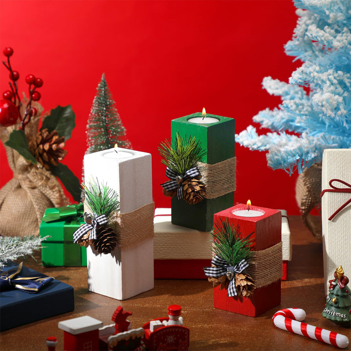 Sliner 3 Pcs Christmas Candle Holders with Candles Wooden Xmas Tealight Candle Holders Decorations Red White Green Votive Wood Candlestick for Christmas Table Centerpiece Decor Xmas Gifts Sliner