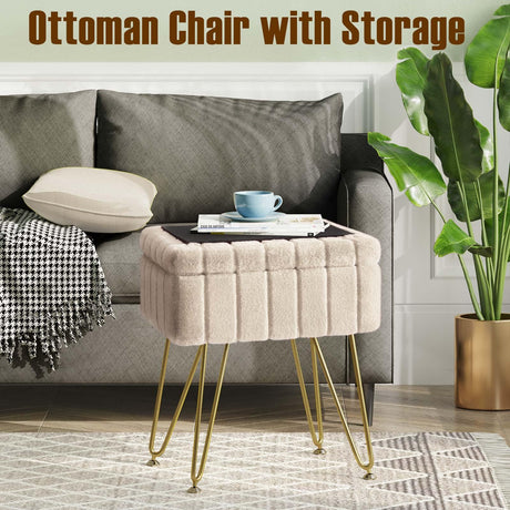 Greenstell Vanity Stool Chair Faux Fur with Storage, 15.7"L x 11.8"W x 19.4"H Soft Ottoman 4 Metal Legs with Anti-Slip Feet, Furry Padded Seat, Modern Multifunctional Chairs for Makeup, Bedroom,Camel GREENSTELL