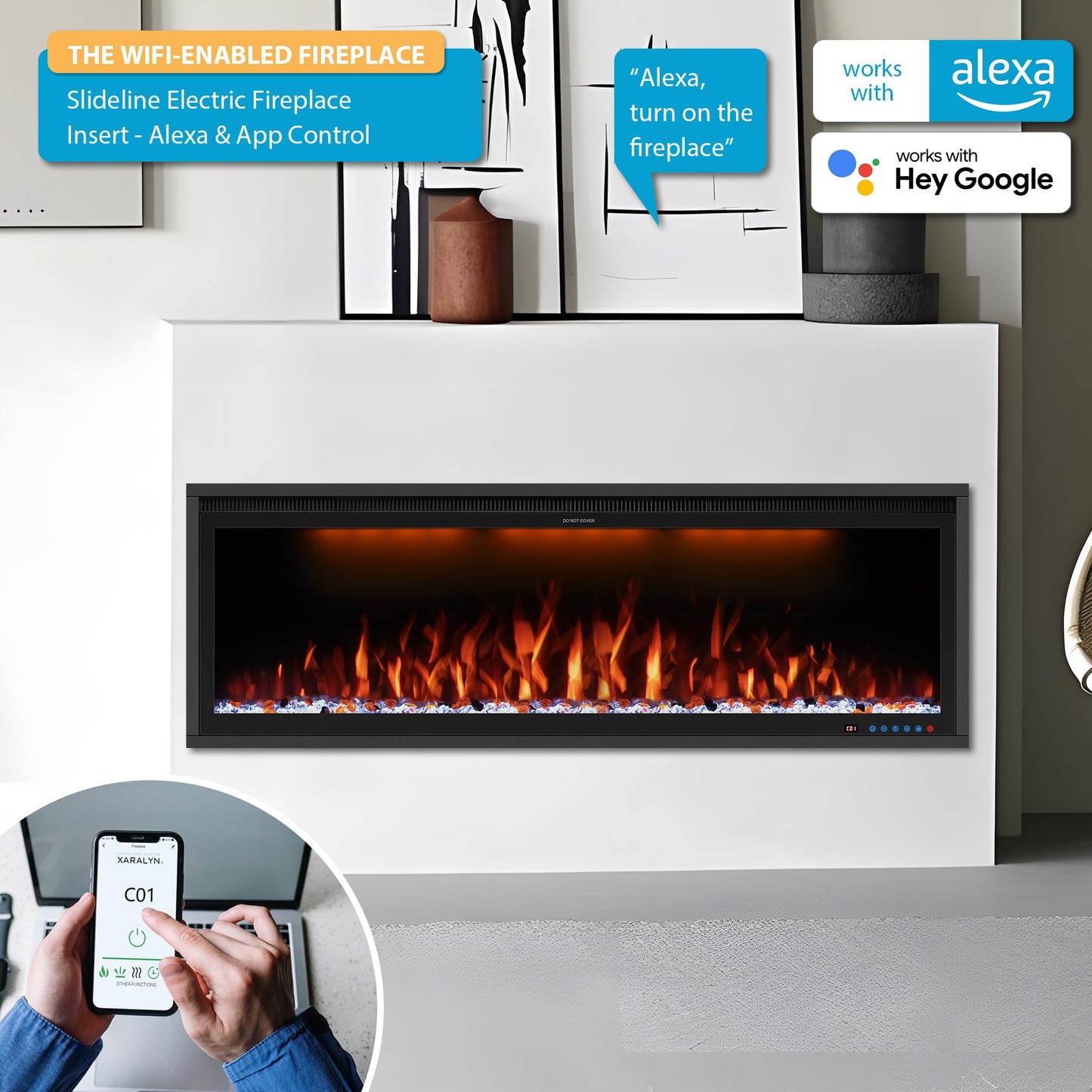 Benrocks 60'' WiFi- Enabled Electric Fireplace Inserts - Alexa & App Control, Slim Recessed & Wall Mounted, 13 * 13 * 3 Flame Color Combinations, 750W/1500W, Black