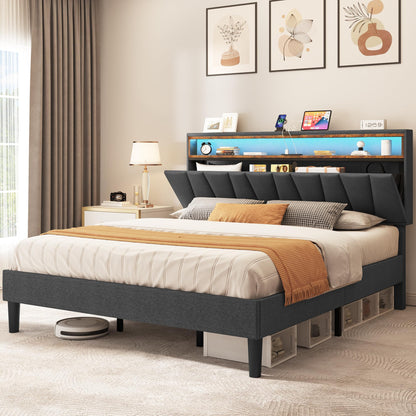 YITAHOME King Size Upholstered Bed Frame with LED Lighting, Headboard Storage, and Charging Station - Grey - WoodArtSupply