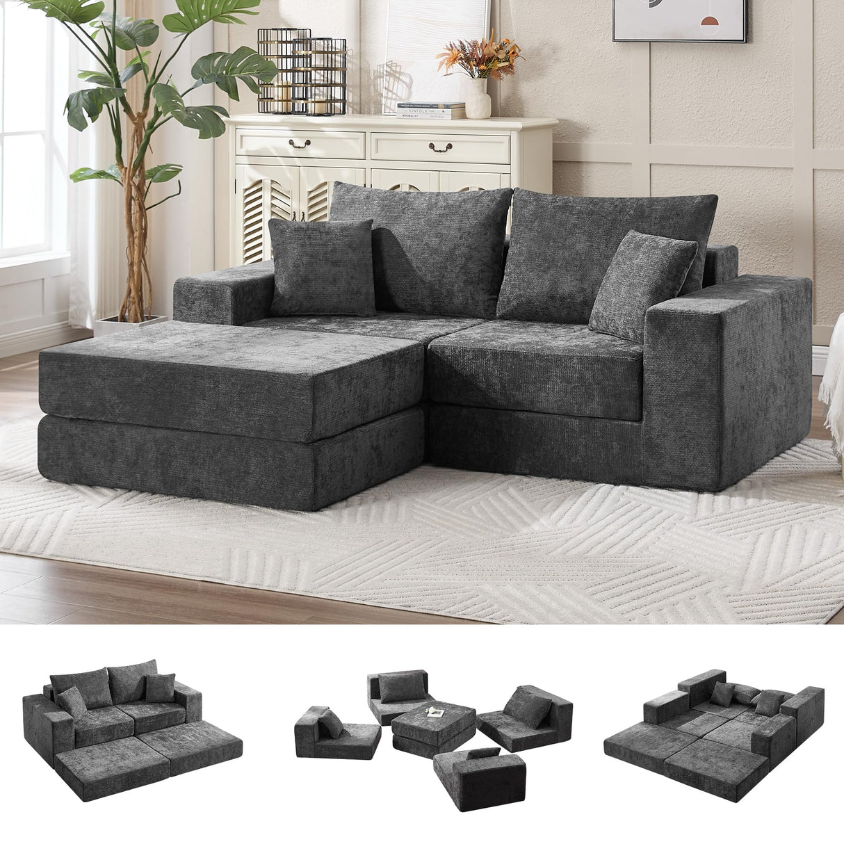 79" Boneless Cloud Loveseat Sofa Couch, Modular Foldable Floor Sofa with Ottoman, Chenille Lounge Convertible Sofa Bed for Living Room, No Assembly, Dark Grey Hatppto